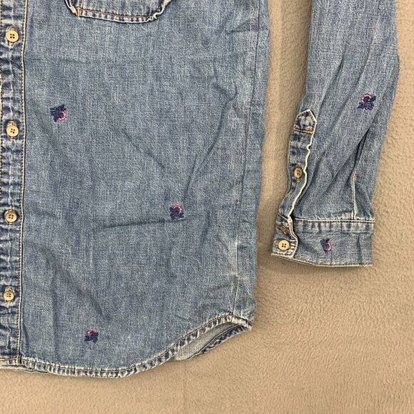 Lucky Brand Boyfriend Shirt Womens XS Denim Classic Chambray Floral Embroidery - Picture 5 of 16